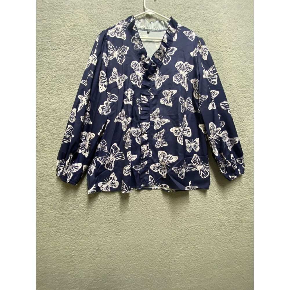 Women’s Blouse XXL Blue White Butterfly Print Long Sleeve Ruffled Blouse Top